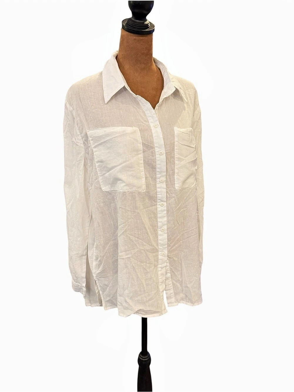 POL Oversized Shirt Collared Button Down Ivory Long Sleeve Small Semi Sheer New